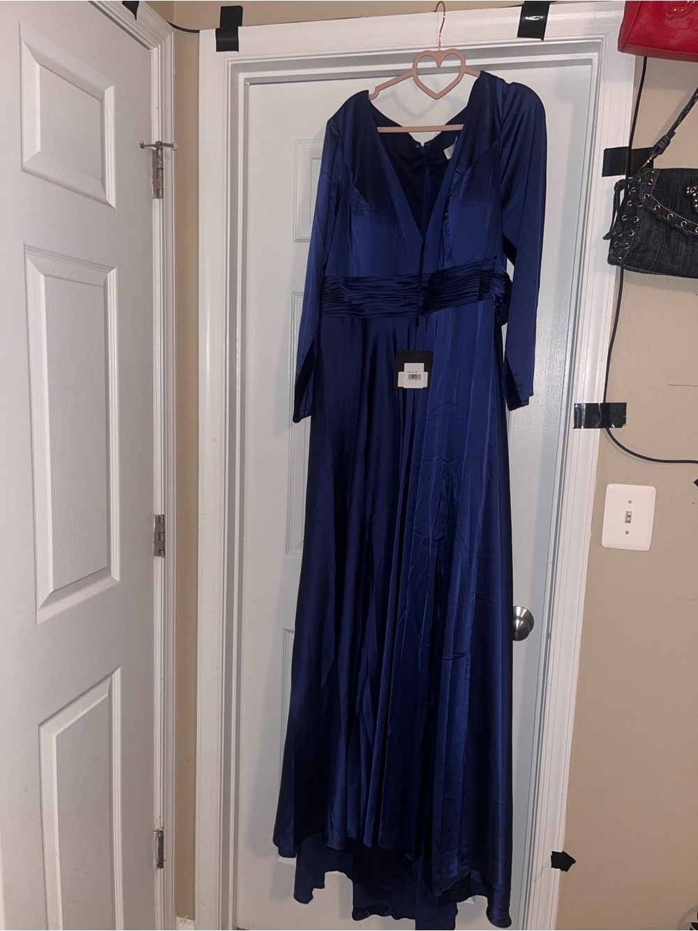 Mac Duggal Navy Long Sleeve Satin Gown